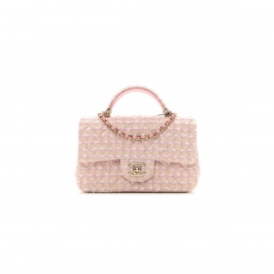 CHANEL TWEED QUILTED MINI TOP HANDLE RECTANGULAR FLAP LIGHT PINK 1386916 (20*12*6cm)